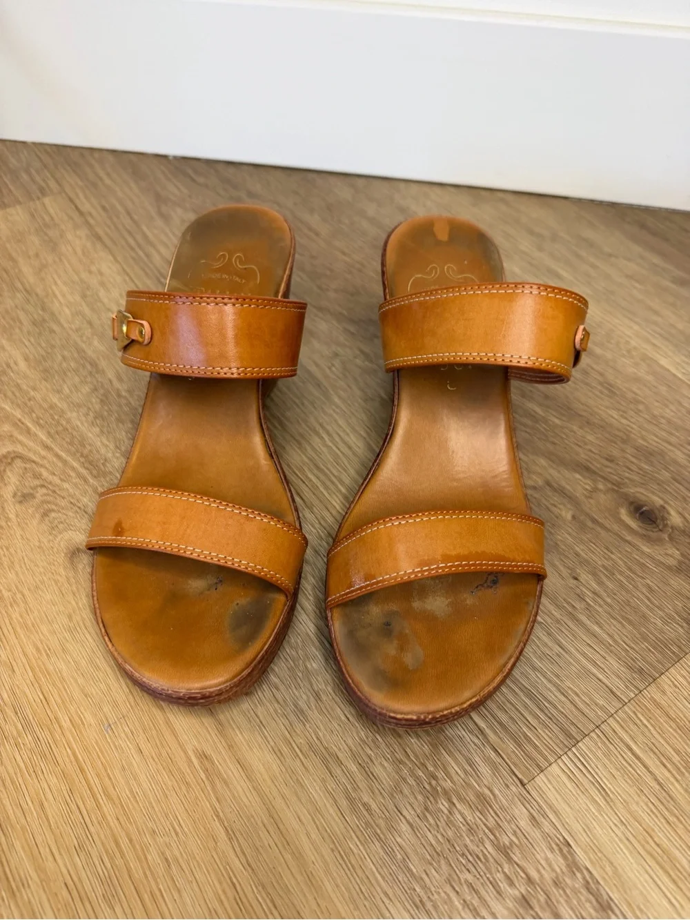 Italian Shoemakers made in Italy size 9 Tan Leather Double-Strap Wedge Sandals